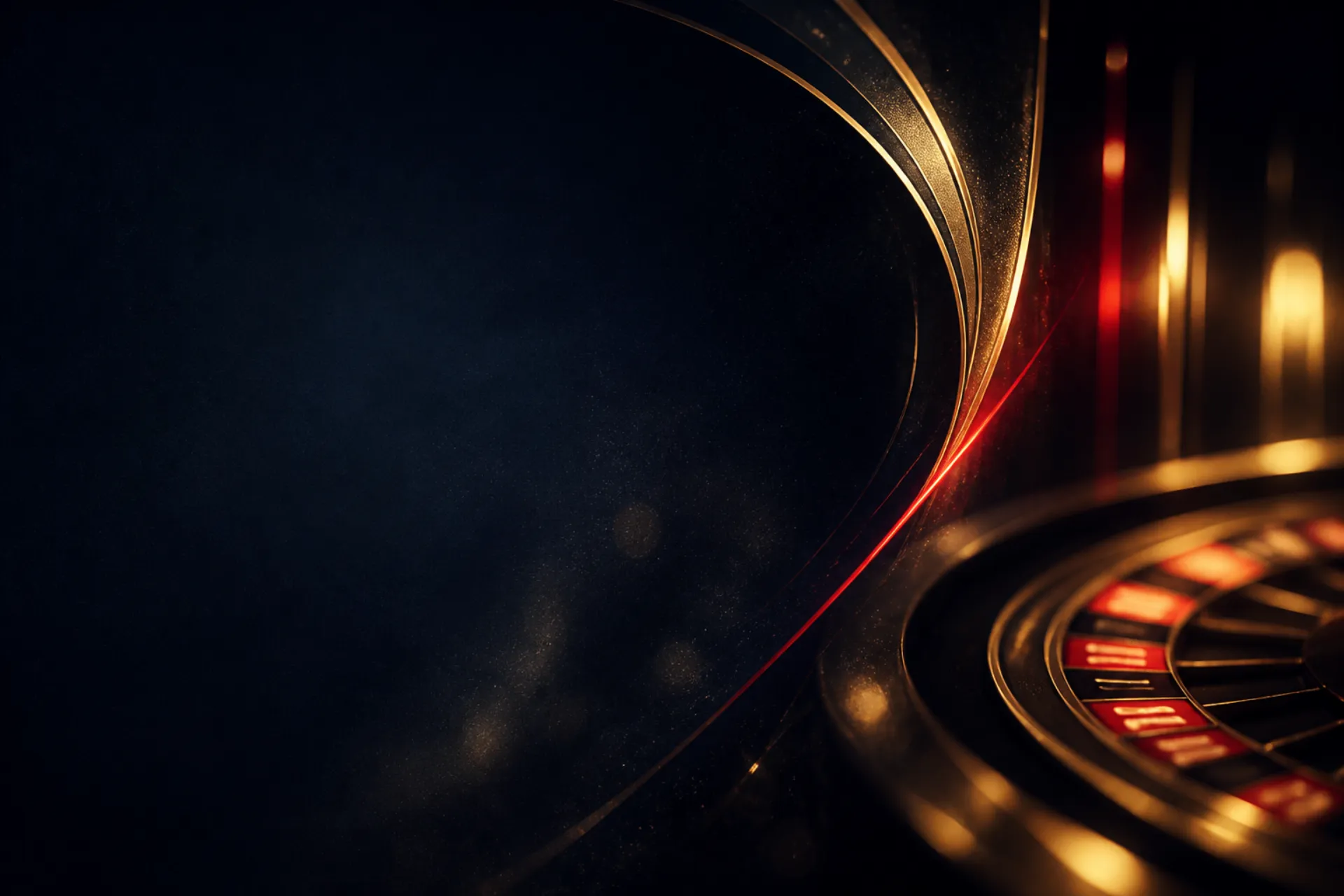 A cinematic gold and crimson roulette wheel and slot-reel light trail glowing against deep navy — the visual signature of Route777Slot's guide to slot games, RTP, volatility and roulette strategy.